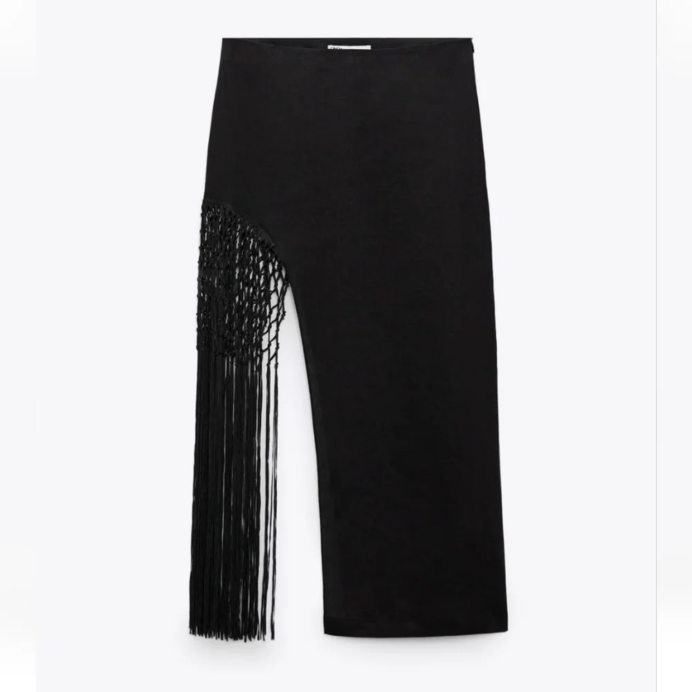 Zara * Fringed Linen Midi Skirt Black Size XS and S